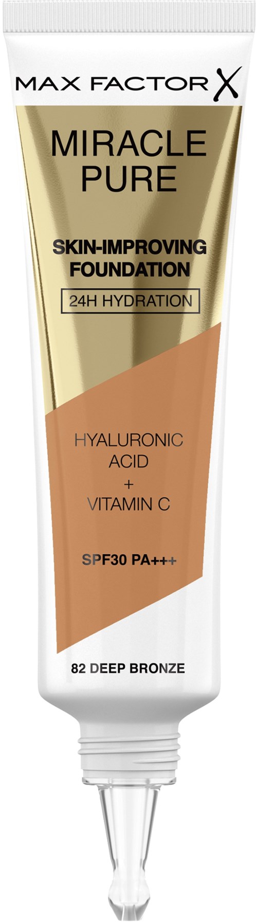 A tube of skin foundation named Miracle Pure with hyaluronic acid, vitamin C, SPF30, and deep bronze shade.