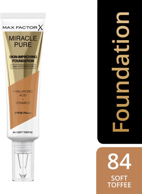 En tub foundation med etiketter för hydrering, hyaluronsyra, vitamin C, SPF 30 och mjuk konsistens.