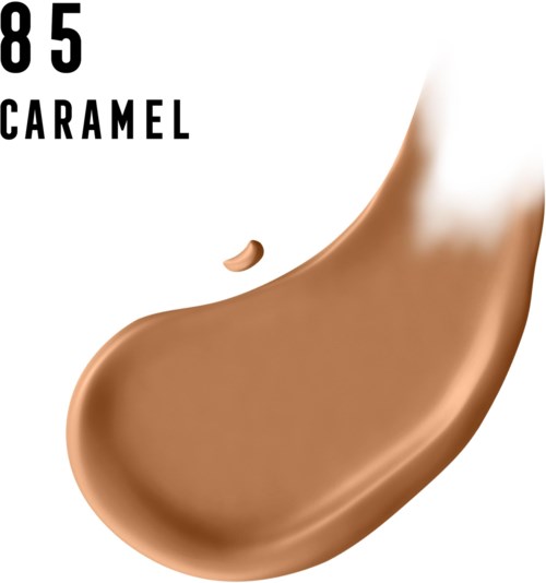 A caramel-flavored product with text, featuring a caramel droplet and a smooth caramel surface.