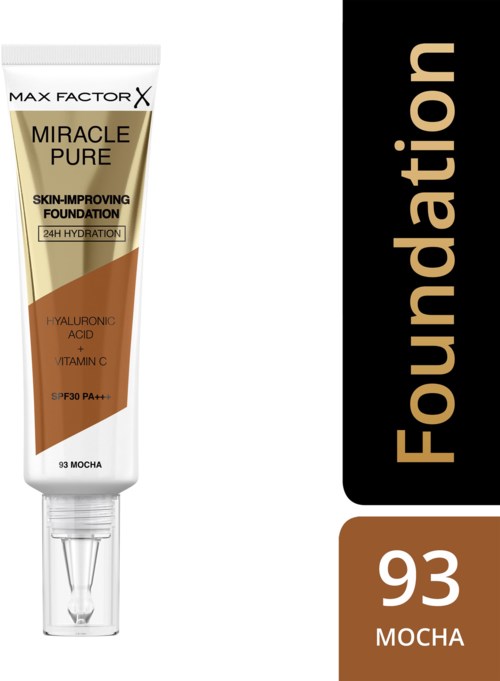 A tube of Max Factor Miracle Pure foundation, labeled as skin-improving, with ingredients hyaluronic acid and vitamin C, in shade 93 Mocha.