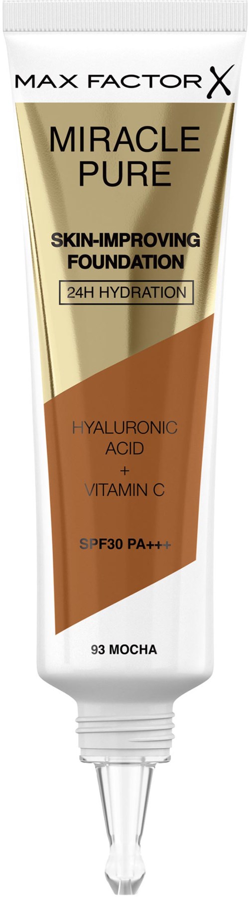 A skincare foundation tube labeled "Miracle Pure" with SPF30 and hydration benefits, in shades of beige, brown, and white.