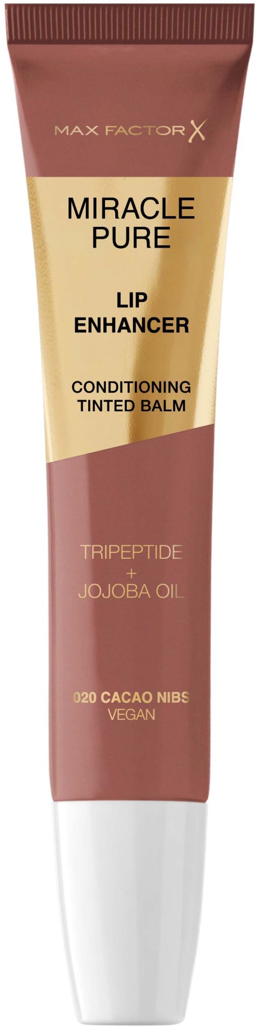 Eine Tube Max Factor X Miracle Pure Lip Enhancer, eine pflegende getönte Balm mit Jojobaöl und Kakaonibs.