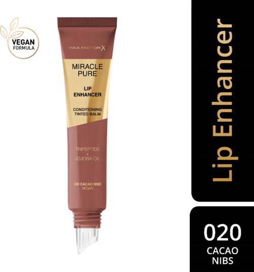 Eine Tube Lippenbalsam mit der Aufschrift 'Miracle Pure Lip Enhancer' mit Inhaltsstoffen wie Jojobaöl und Kakaonibs.