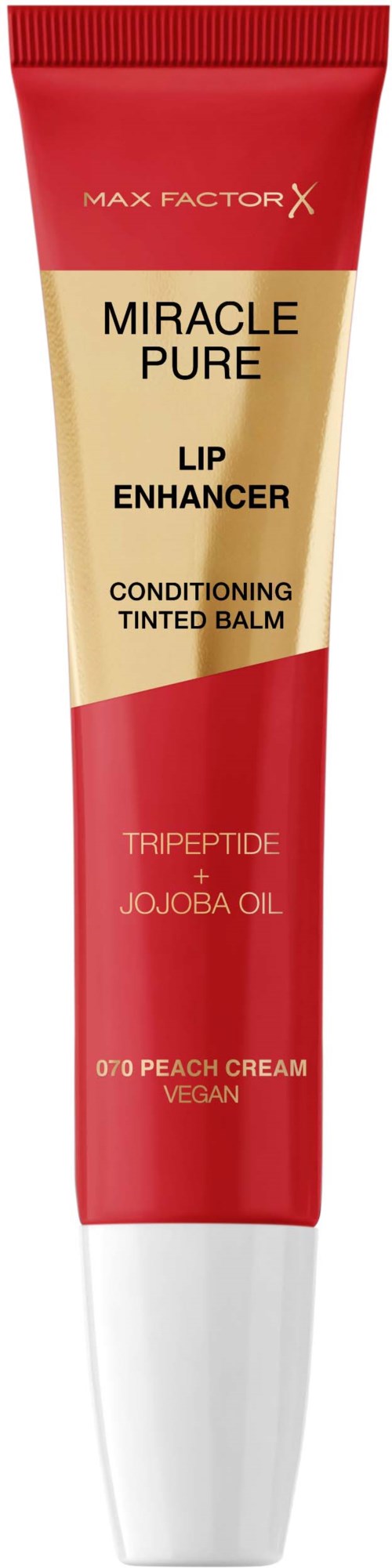 A red and beige tube labeled 'Miracle Pure Lip Enhancer,' with ingredients like tripetide and jojoba oil, and a peach cream scent.