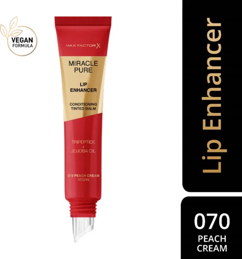 A red tube of lip balm labeled 'Miracle Pure' with product details and a 'Vegan Formula' badge.