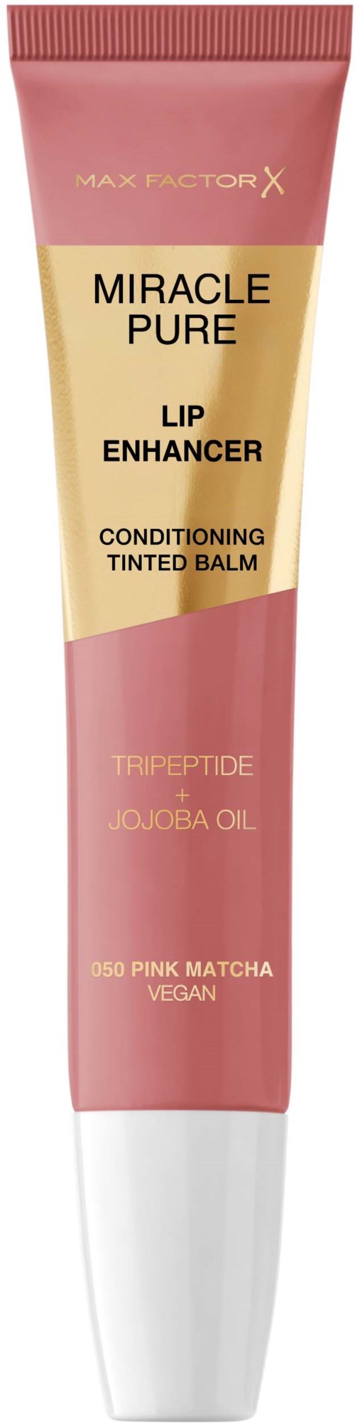 Een roze en beige tube met tekst 'Miracle Pure Lip Enhancer', 'Conditioning Tinted Balm' en 'Vegan'.