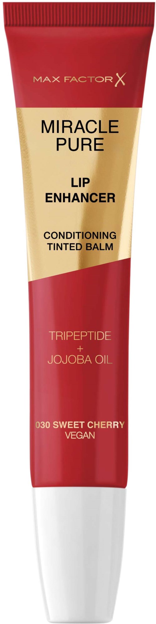 This is a tube of lip balm labeled Miracle Pure, with ingredients like rosehip oil, cherry flavor, and vegan ingredients.