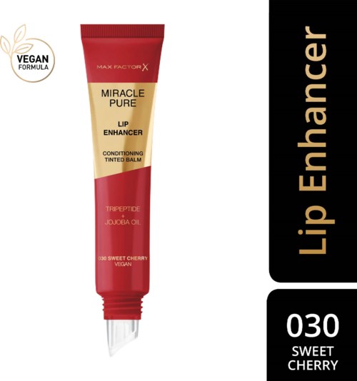 A red tube of vegan lip balm labeled 'Miracle Pure' with cherry flavor and jojoba oil, offers moisturizing and conditioning.