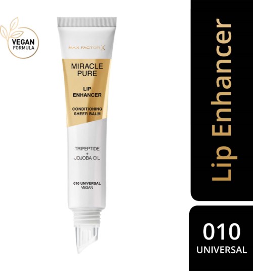 Tube lipversterkerbalsem getiteld 'Miracle Pure' met vegan formule, bevat jojobaolie en genummerd 010.