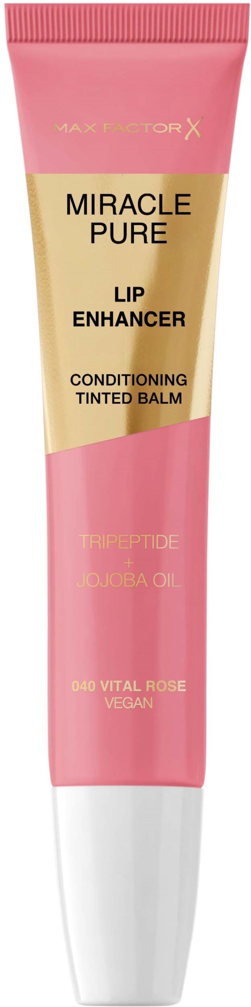 Een roze en beige buis met lippenbalsem genaamd Miracle Pure, met informatie over ingrediënten en voordelen.