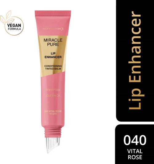 Een roze tube met de tekst 'Miracle Pure Lip Enhancer' en een zwart en bruin verticale 'Lip Enhancer'-bord naast.
