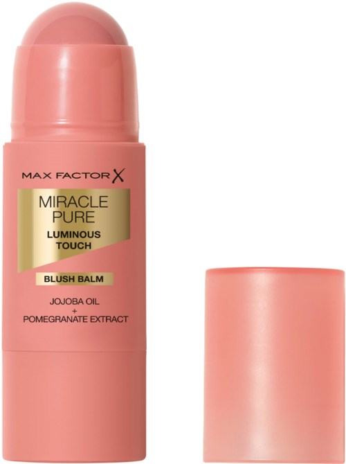 Ein rosa Balsamstift mit Kappe, beschriftet 'Max Factor X Miracle Pure Luminous Touch Blush Balm' mit Jojobaöl und Granatapfelextrakt.