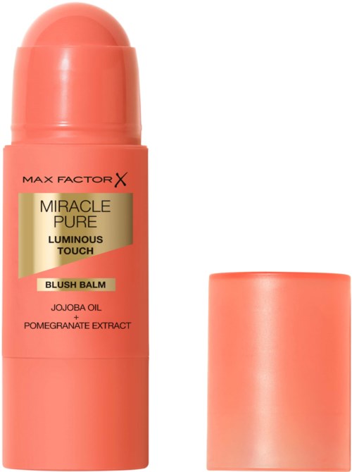 Een roze lipbalsem met label 'Max Factor X Miracle Pure Luminous Touch Blush Balm' met jojobaolie en granaatappelextract.