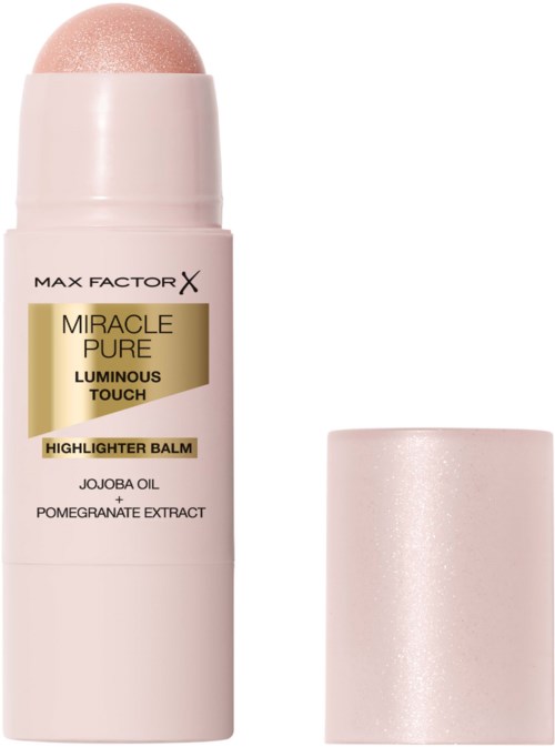 A highlighter balm with pink hue, labeled 'Miracle Pure Luminous Touch' by Max Factor X, with one end open showing balm.