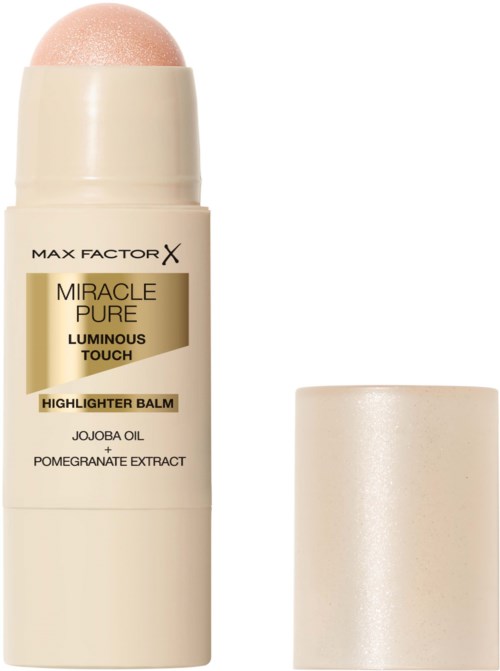 A stick highlighter balm with a rounded top, labeled Max Factor X Miracle Pure Luminous Touch. It includes jojoba oil and pomegranate extract.