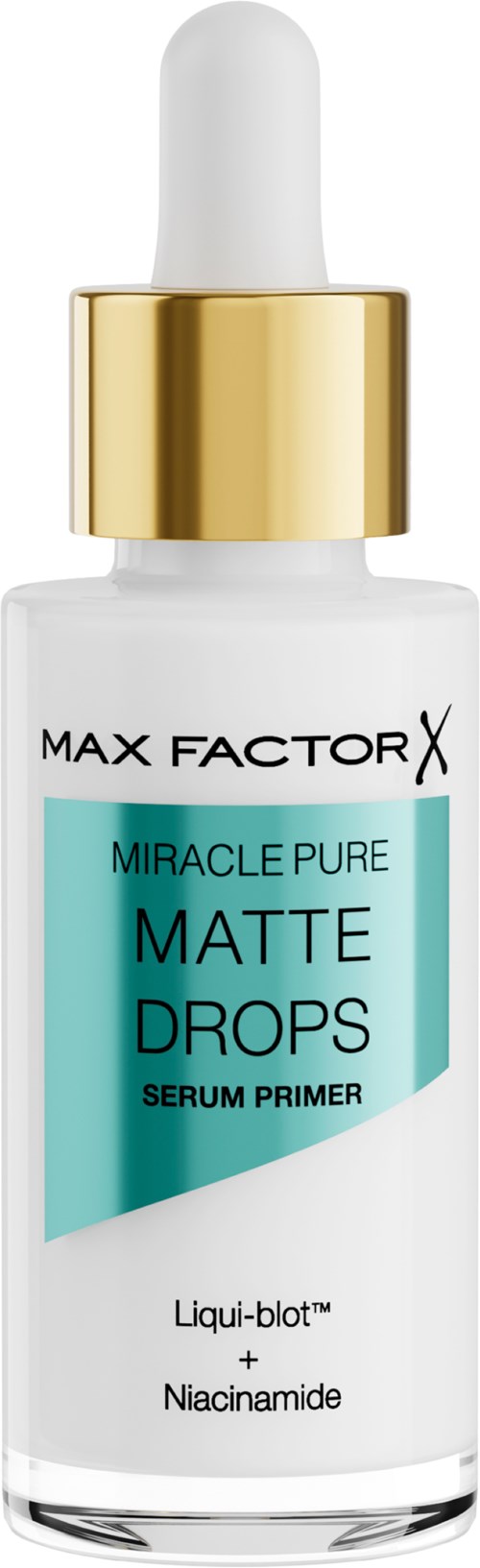 Max Factor seeruminestepakkauksen tiputinpullo, kultainen korkki, valkoinen ja sininen etiketti, ja neste sisällä.