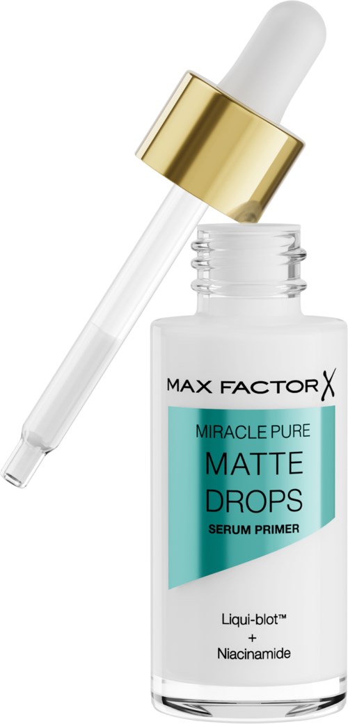 Pieni lasipullo tipitysauvalla, merkinnällä 'Max Factor' ja 'Matte Drops' meikkituotteelle.