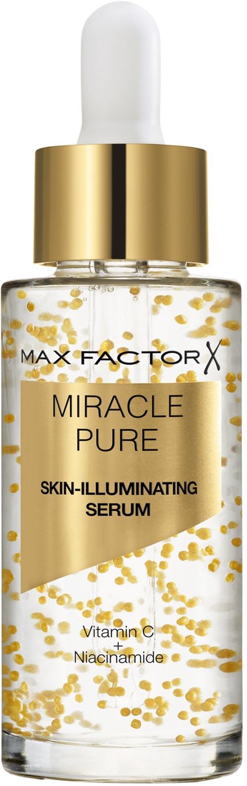 Serumfles met goud en wit ontwerp, pipetdop, genaamd 'Miracle Pure' voor huid met vitamine C.
