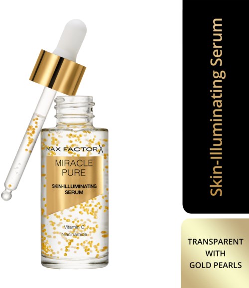 Een huidserumfles met pipet, gouden details en gouden parels binnenin.