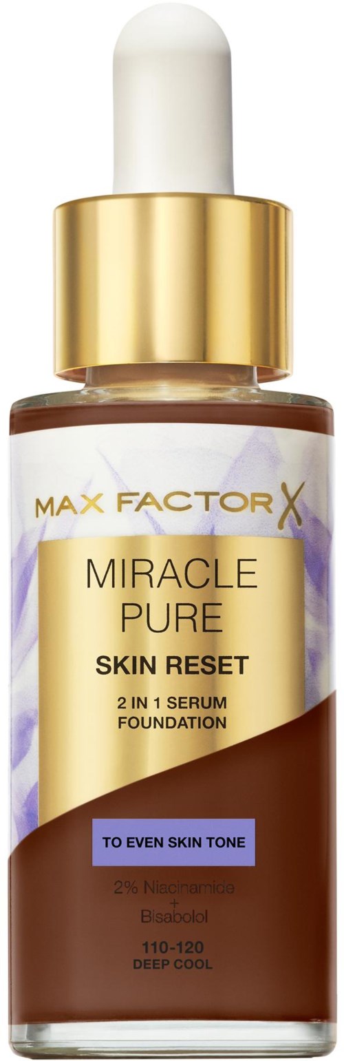 Ruskea seerumipullo kullalla ja tippalastalla. Tunnuksissa lukee 'Max Factor X Miracle Pure Skin Reset'.
