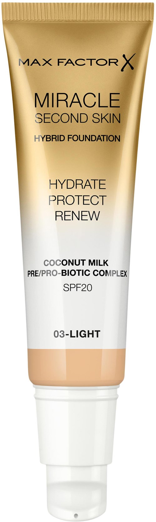 I bilden finns ett rör av Max Factor X Miracle Second Skin Hybrid Foundation i ljus nyans, SPF 20, med kokosmjölk.
