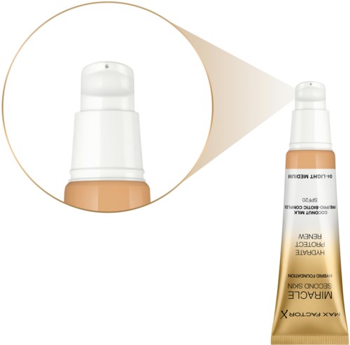 Närande foundationrör med pump, märkt 'Max Factor Miracle Smooth', för hudsminkning.
