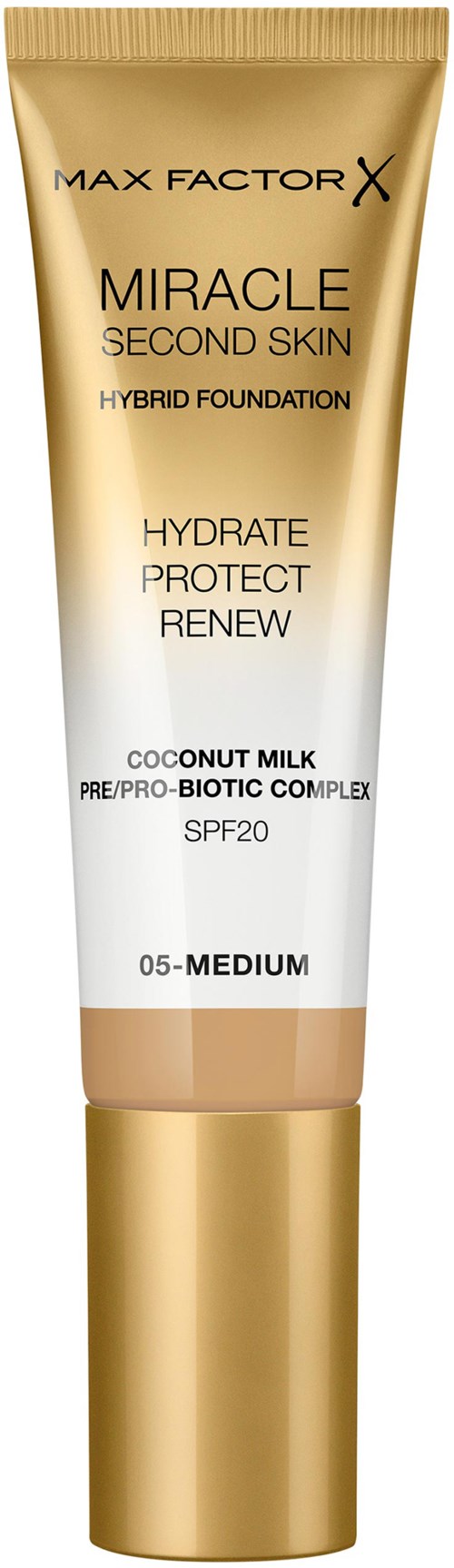En tub med Max Factor Miracle Second Skin foundations med SPF20, i nyansen 05 Medium, med guld- och vita färger.