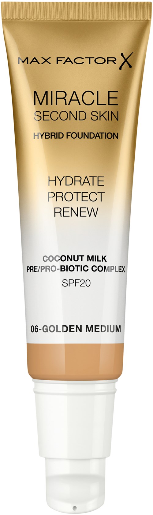 En tub med Max Factor Miracle Second Skin-foundation, märkt som hybrid, med SPF 20, i ett guld- och vitt paket.