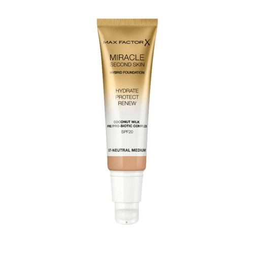 En tube av Max Factor-foundation märkt 'Miracle Second Skin' med SPF20, i en beige och vit tub.