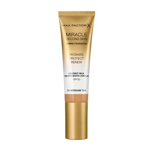 En tub med Max Factor Miracle Second Skin foundation för medium hud med SPF 20, kokosmjölk och pre/probiotika.