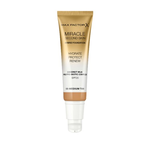 En tub med Max Factor Miracle Second Skin hybridfoundations i medium tan, med SPF 20, kokosnötsmjölk och biotikkomplex.