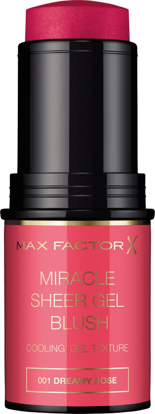 En rosa makeuppinne märkt 'Miracle Sheer Gel Blush' med svart lock och rosa botten.