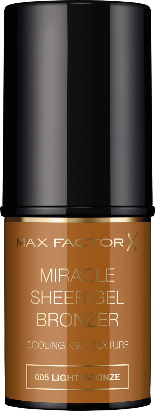 En flaska av Max Factor Miracle Sheer Gel Bronzer för en glowande bränna, med svart lock och brunt innehåll.