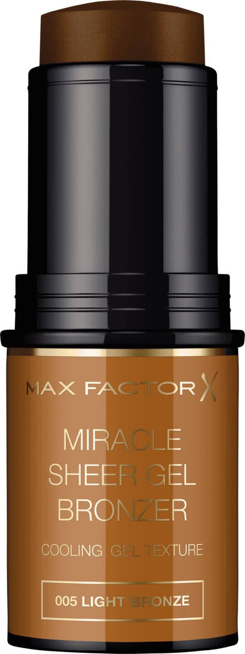En brun tub med svart lock, märkt Max Factor Miracle Sheer Gel Bronzer, i nyansen Light 3 Fonce.