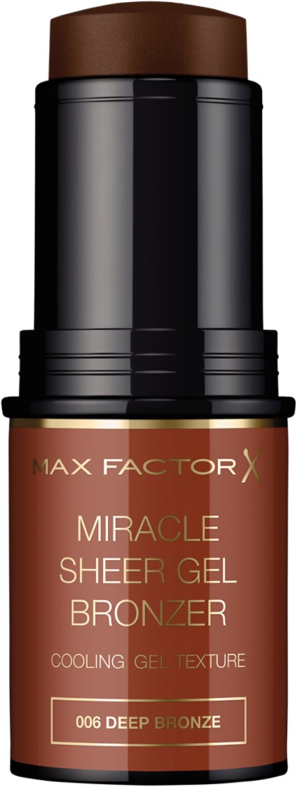 En bronsprodukt som heter Miracle Sheer Gel Bronze av Max Factor i en liten flaska med svart och brun design.