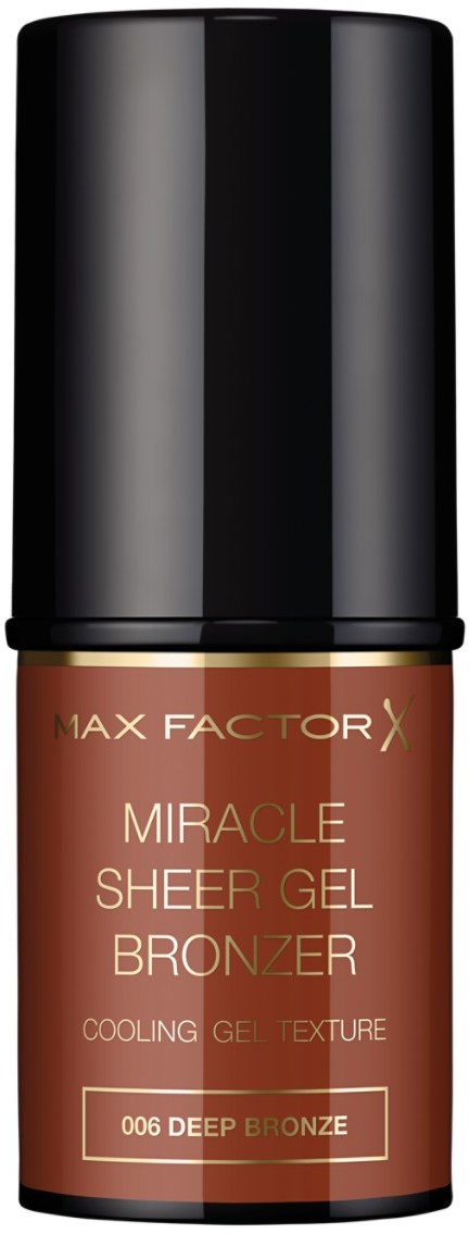 En liten flaska av Max Factor Miracle Sheer Gel Bronzer i djupbrun nyans.