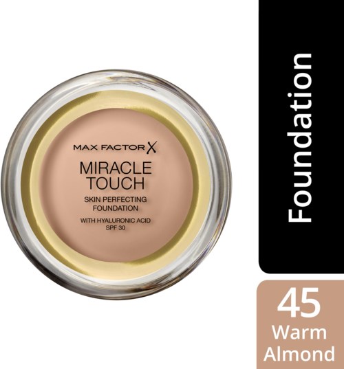 Een ronde verpakking foundation van Max Factor Miracle Touch, kleur 45 Warm Almond, met zwart en beige ontwerp.