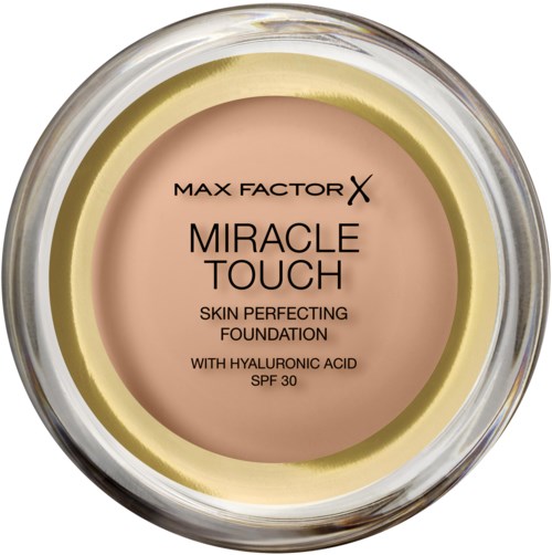 Een foundationcontainer met 'Miracle Touch', hyaluronzuur en SPF 30, door MAX FACTOR X.
