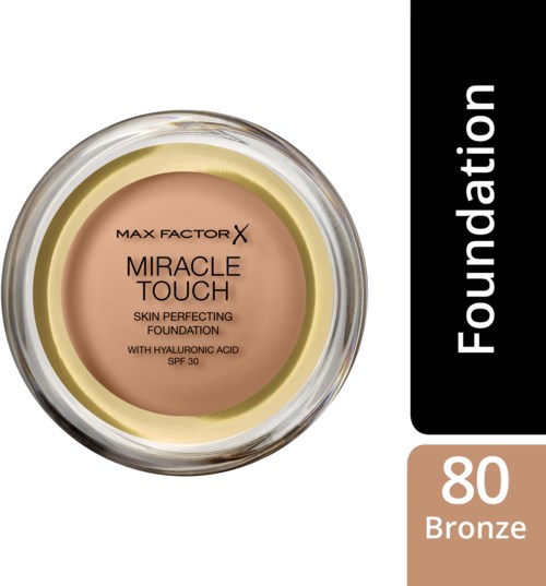 Een compacte Foundation in een glazen pot met beige en gele kleuren, gelabeld 'Miracle Touch' met SPF 30.