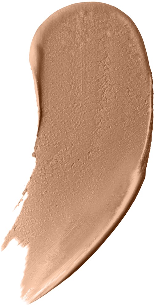 En dutt av beige- eller ljusbrun makeup eller kräm slarvigt på en vit bakgrund.