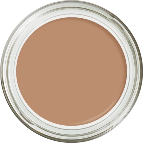 En rundburk med beige eller hudfärgad kräm inuti, sedd uppifrån.
