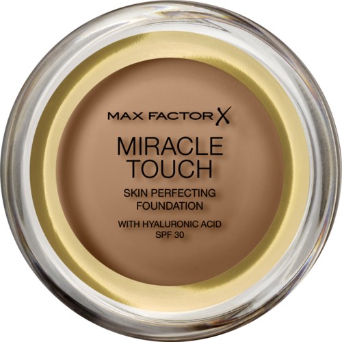 En burk med hudfoundations med hyaluronsyra, SPF 30, som heter 'Miracle Touch' av Max Factor.