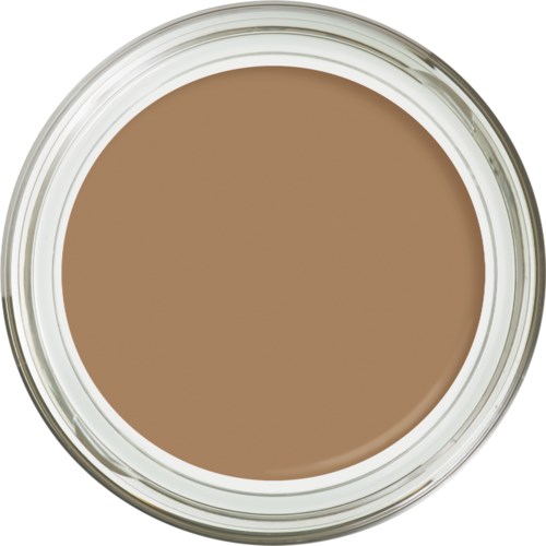 En liten behållare fylld med beige färgad kräm eller foundation. Behållaren är rund och genomskinlig.