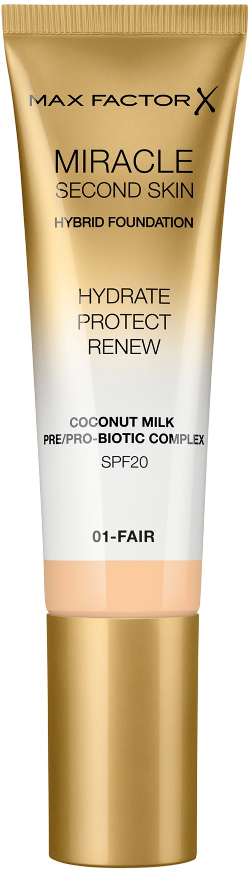 En tub med Max Factors Miracle Second Skin hybridfoundationsmörjning, märkning av återfuktning, skydd, förnyelse, SPF 20 och ljus nyans.