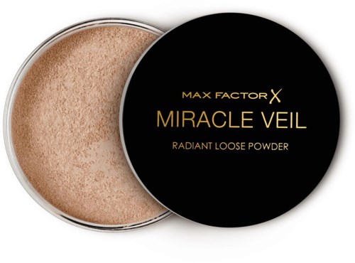 Een ronde container met poeder en een zwart deksel, gemarkeerd "Miracle Veil," van Max Factor X.