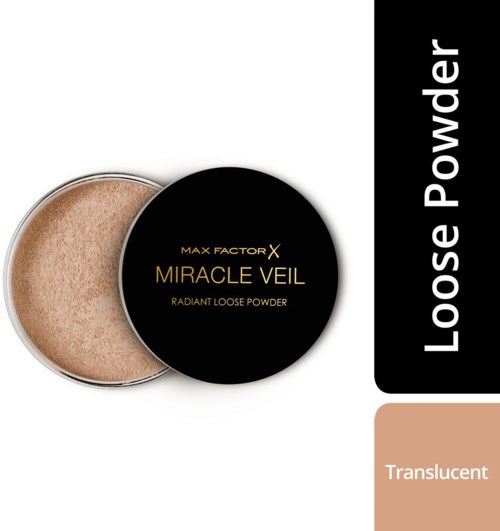 Een zwart ronde container met doorzichtige deksel die losse glanzende poeder toont. Tekst geeft aan dat het Max Factor Miracle Veil Loose Powder is.