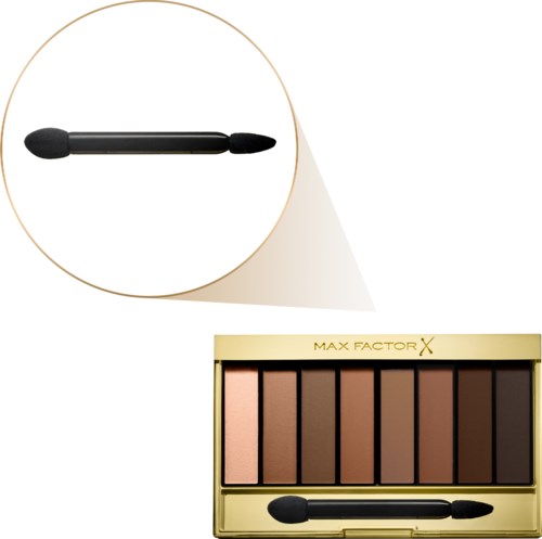 En ögonskuggspalett med fem nyanser i brunt och en svart appliceringsborste. Förpackningen är guldfärgad med etiketten "MAX FACTOR X."