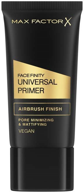 Zwarte tube met gouden en witte tekst voor Max Factor gezicht Primer, genoemd als universeel, pore-minimaliserend, mat, veganistisch, voor airbrush afwerking.