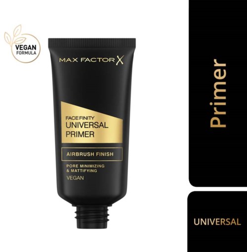 Een zwarte tube van Max Factor gezichtsprimer met goud en witte tekst die een veganistische, porieverkleinende en matterende formule promoot.