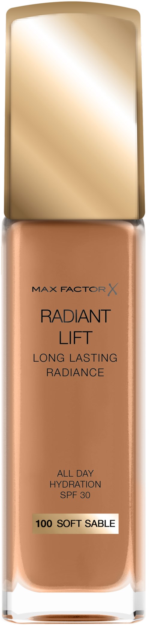 En beige flaska av Max Factor Radiant Lift foundation med en guldlock och etikett. Den säger långvarig lyster och SPF 30.